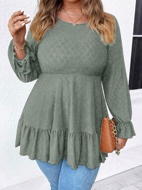 🦋 New! Lightweight Sage Green Flounce Sleeve Ruffle Hem Blouse Size 2X